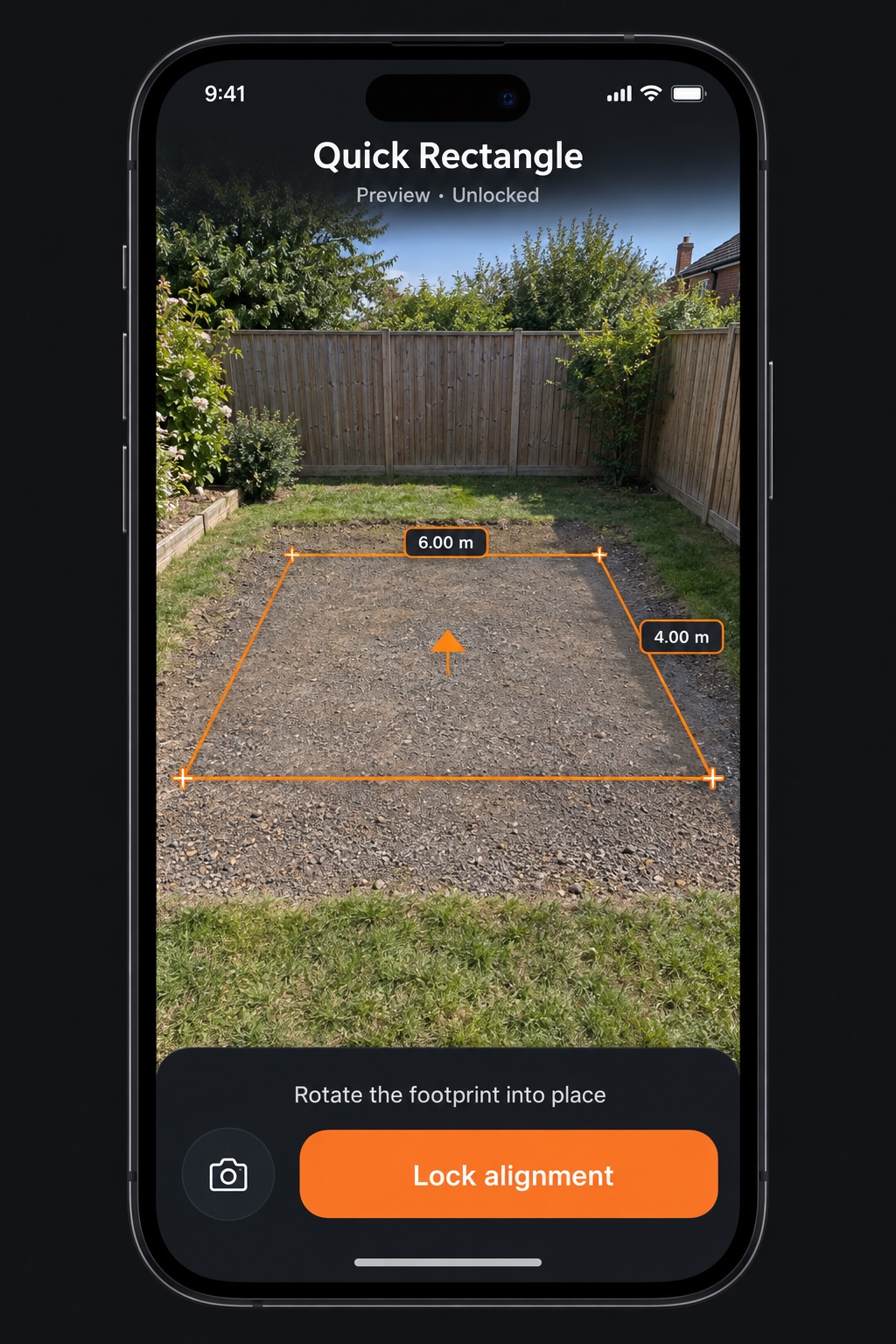 Illustrative Peg It screen showing a 6 × 4 m rectangle on garden ground, a centre reference arrow and Lock alignment control.