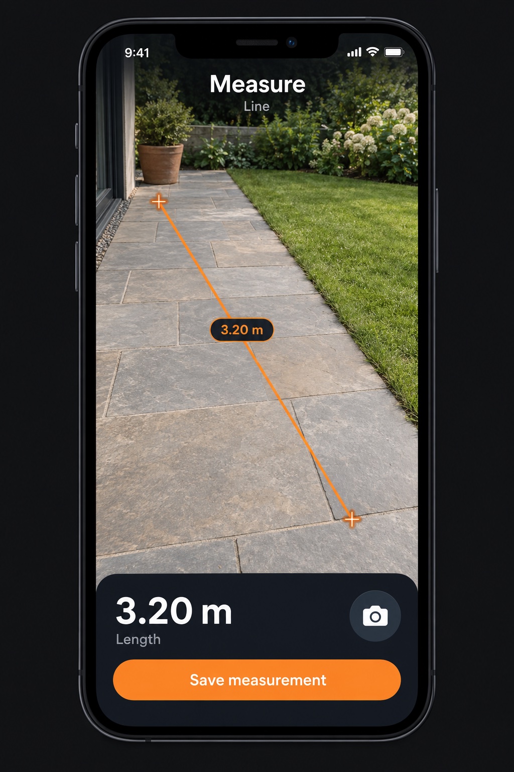 Illustrative Peg It Measure screen showing two points connected across a patio and a sample length of 3.20 m.