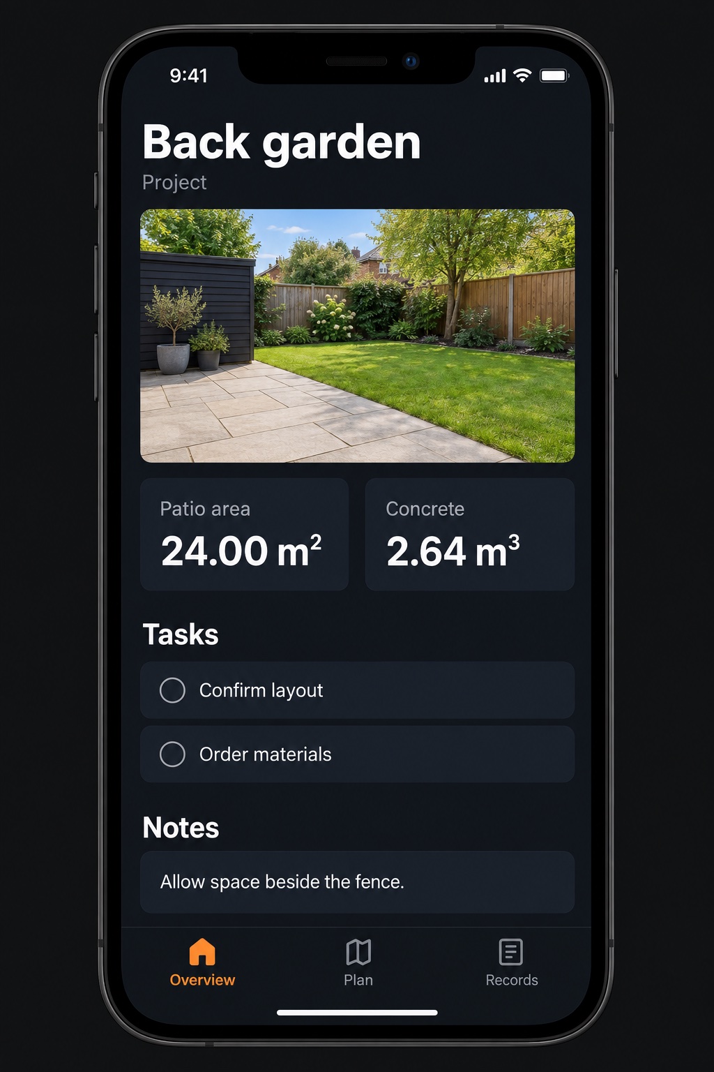 Illustrative Back garden project dashboard with a patio photo, 24.00 m² area, 2.64 m³ concrete estimate, tasks and a note.